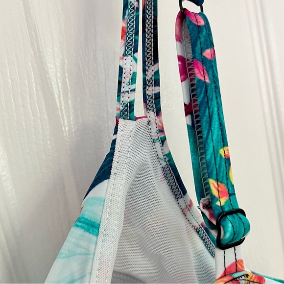 Tankini Halter Swim Tropical Floral Bathing Suit Top Teal Pink Yellow Size M - Picture 6 of 15